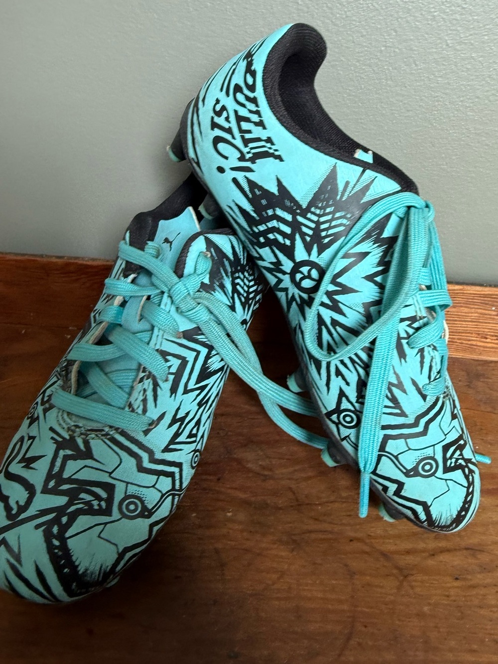 Puma Kids Turquoise Black Graphic Soccer Cleats